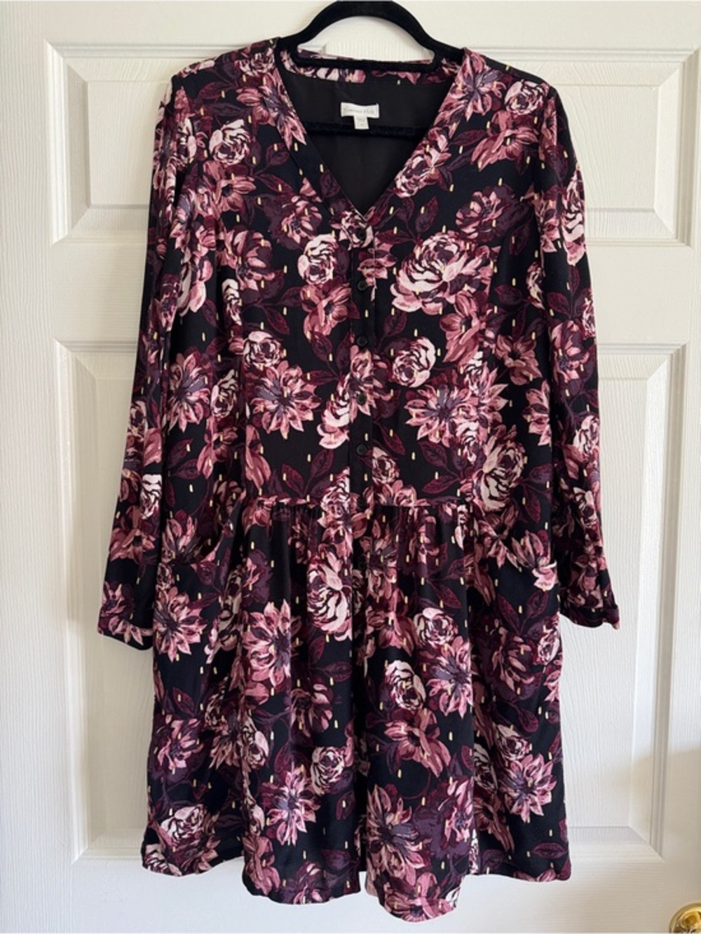 Garnet Hill Dropwaist Button-Up Mini Dress | Size 2 | Black Floral